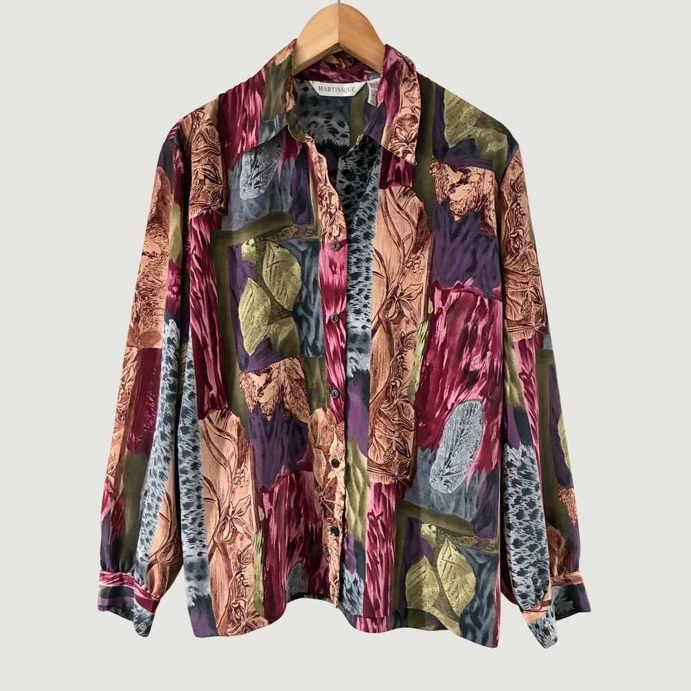 Martinique Vintage Abstract Floral Animal Print Button Down Blouse Burgundy Med